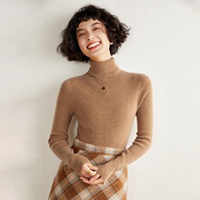 2023年秋冬季新款一线成衣抽条高翻领羊绒衫女修身羊绒针织打底衫