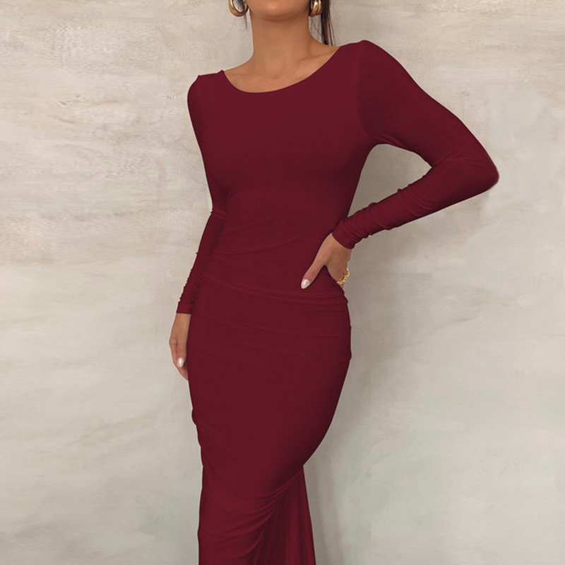 European And American Cross-Border Hot-Selling New Solid Color Sexy Backless Ruched Long Elegant Slim Dress_ecoleips.com