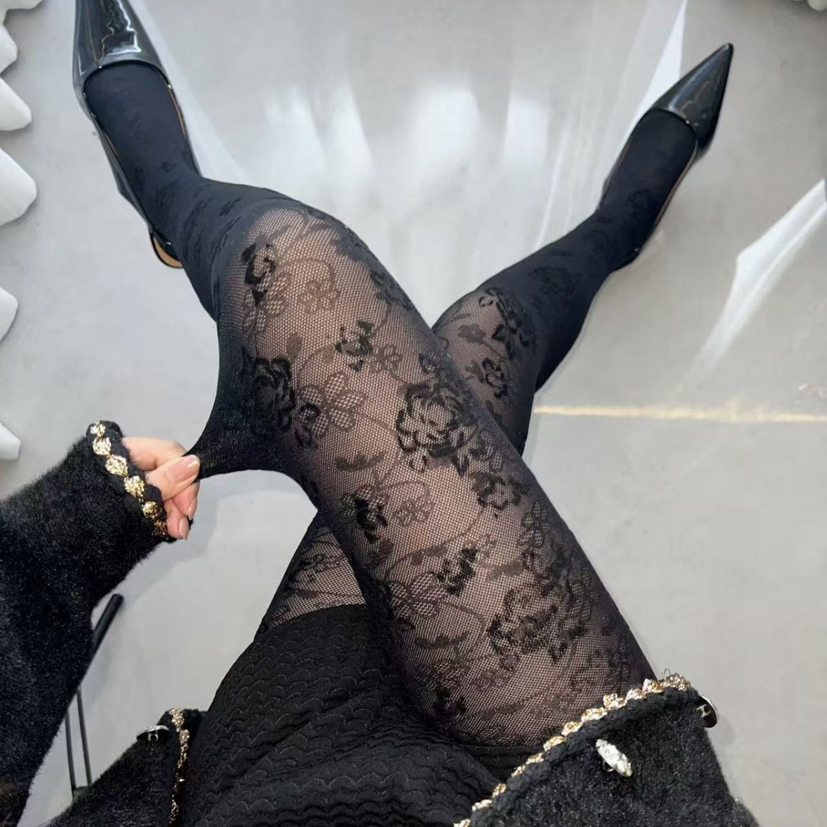 Autumn and Winter Retro Dark Cut Out Lace Gothic Palace Rose Flocking Pantyhose Subculture Y2K Sexy Stockings