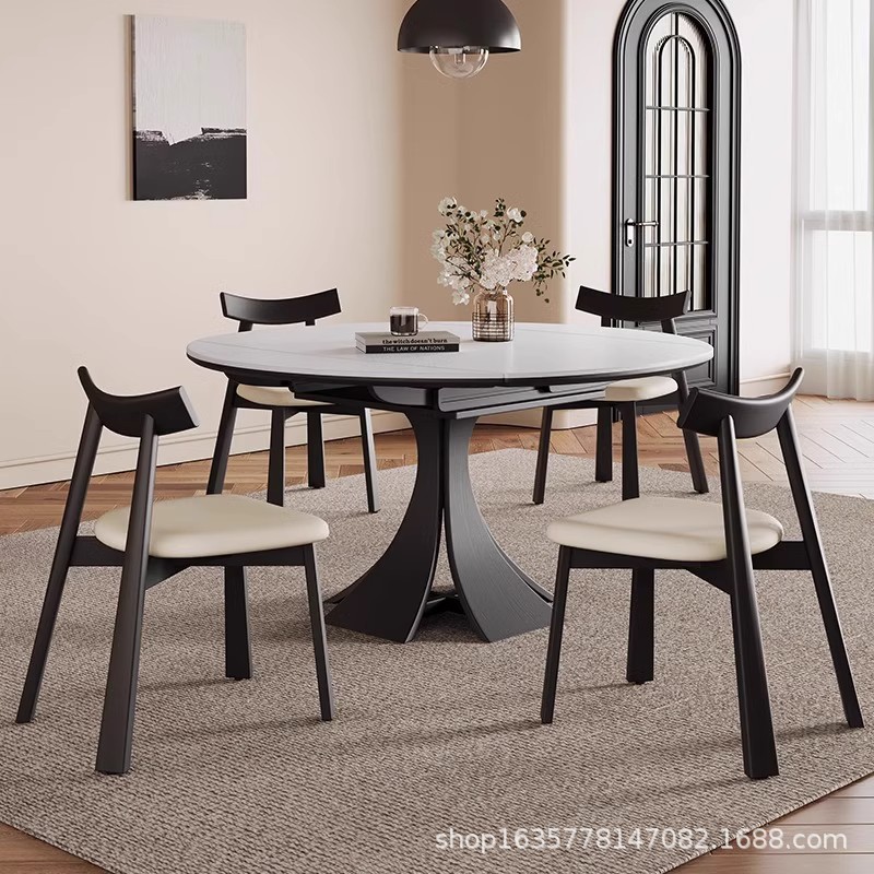 Mesa de comedor de madera maciza de estilo antiguo, retráctil, plegable, mesa redonda variable, apartamento pequeño, mesa de comedor de tablero de roca retro francés negro para el hogar