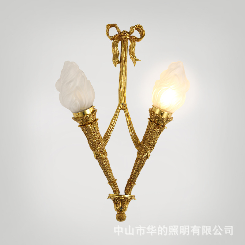 欧式脱蜡铜复古火炬造型双头壁灯法式黄铜玻璃客厅走廊卫生间壁灯