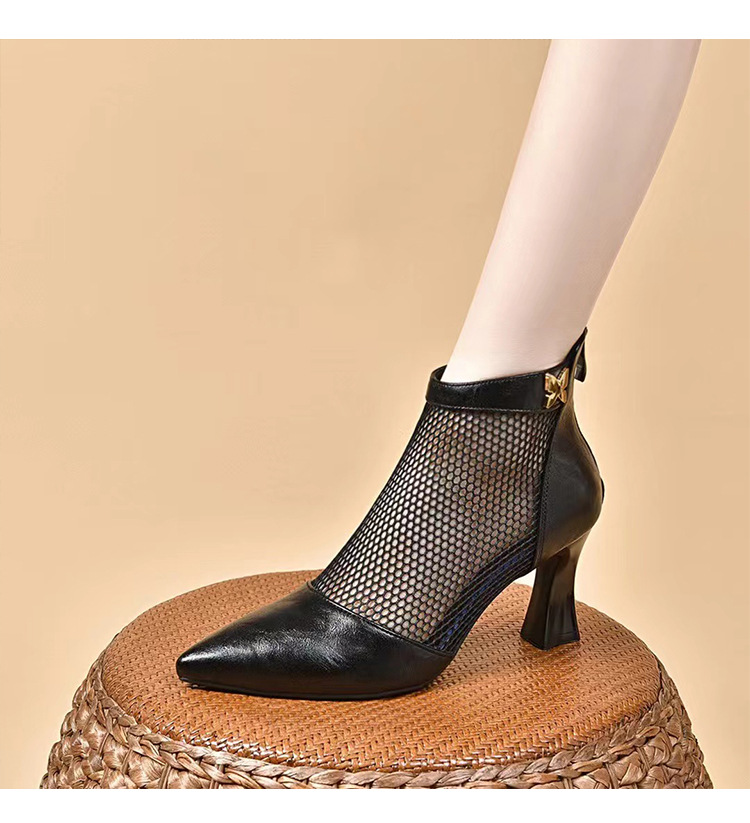 Boot lưới cao gót mũi nhọn nữ da thật gót thô cổ thấp hở gót — Màu đen Cashmere chi tiết 9