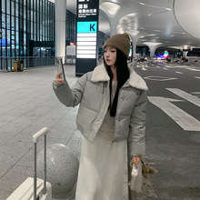 外贸棉服冬季2024新款时尚酷感机车风毛绒翻领短款PU皮外套上衣女