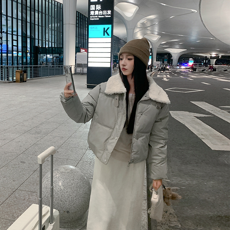 外贸棉服冬季2024新款时尚酷感机车风毛绒翻领短款PU皮外套上衣女