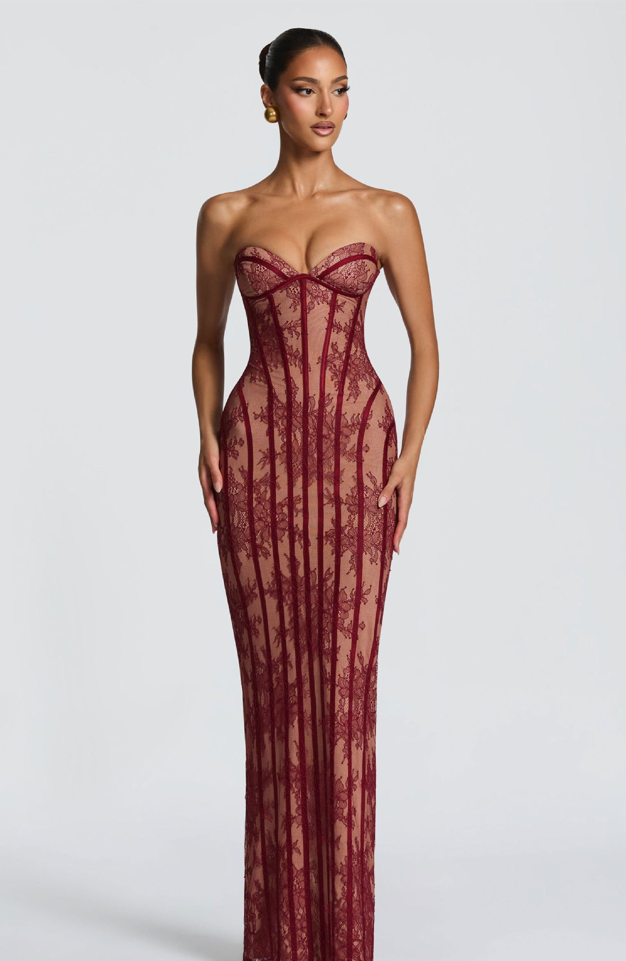 Elegant Lace Long Bodycon Dress For Evening Parties - Stunning High-Waisted Corset Design With Sheer Mesh & Floral Embroidery​_ecoleips.com
