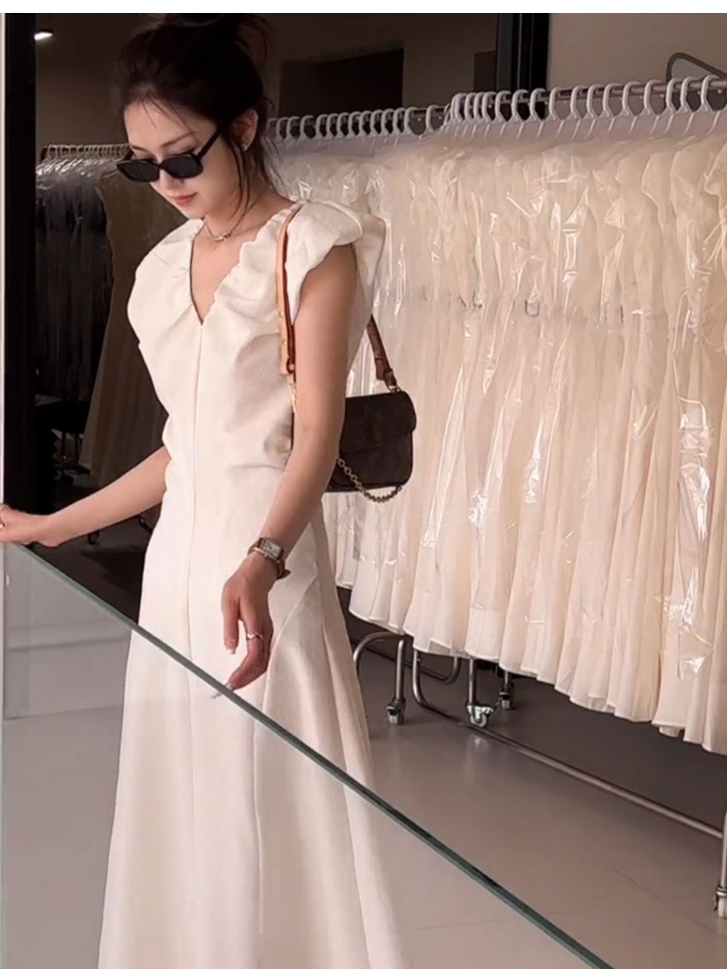 Đầm maxi nữ thắt eo tay ngắn phong cách Hepburn Pháp — Màu trắng