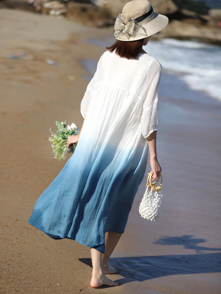 2024 Summer Loose Plus-Size Robe, Chinese Style Gradient Lightweight Ramie Zen Tea Dress, Double-Layered Large Hem Skirt_ecoleips.com