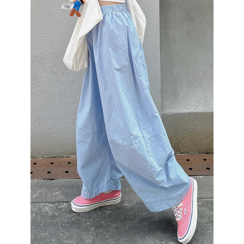 美式蓝色工装裤女夏季薄款小个子直筒宽松休闲阔腿裤遛弯裤防晒裤|undefined