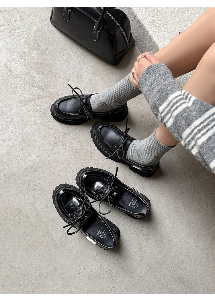 Giày loafer nữ đế dày mũi tròn buộc dây da bò — Đen (bóng) chi tiết 17