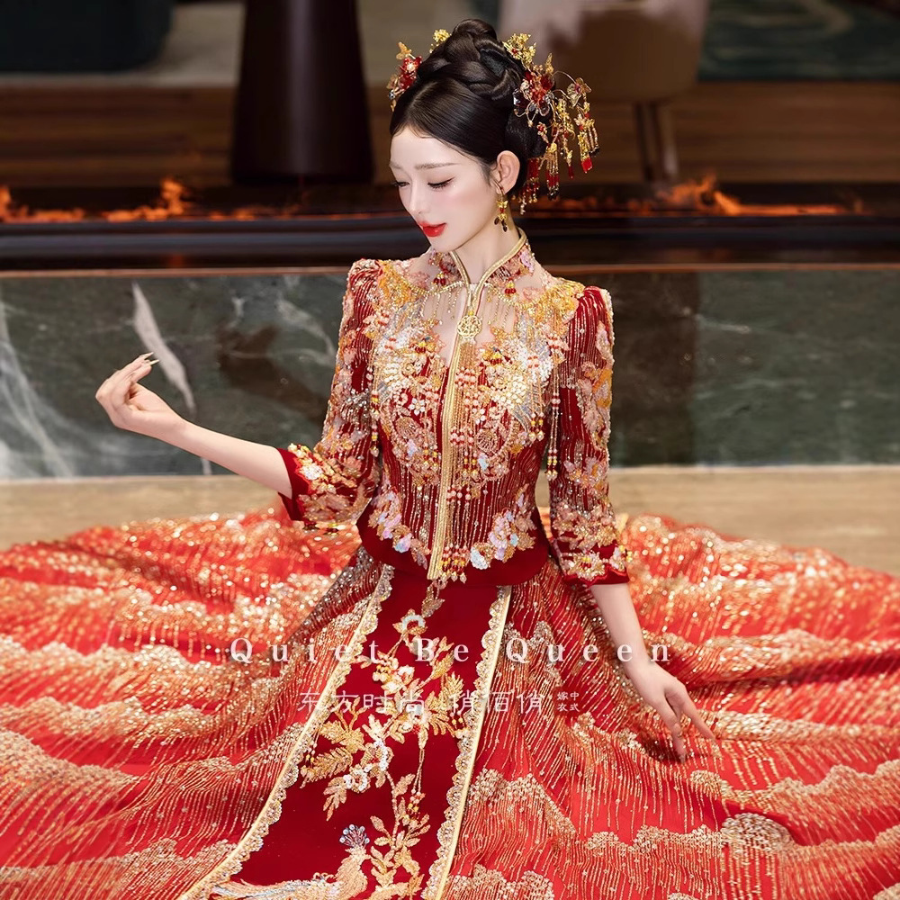 Summer High-End Xiuhe Dress 2026 New Style Bride's Wedding Gown with Phoenix Crown and Heavy Embroidery Dragon and Phoenix Gown for Toasting