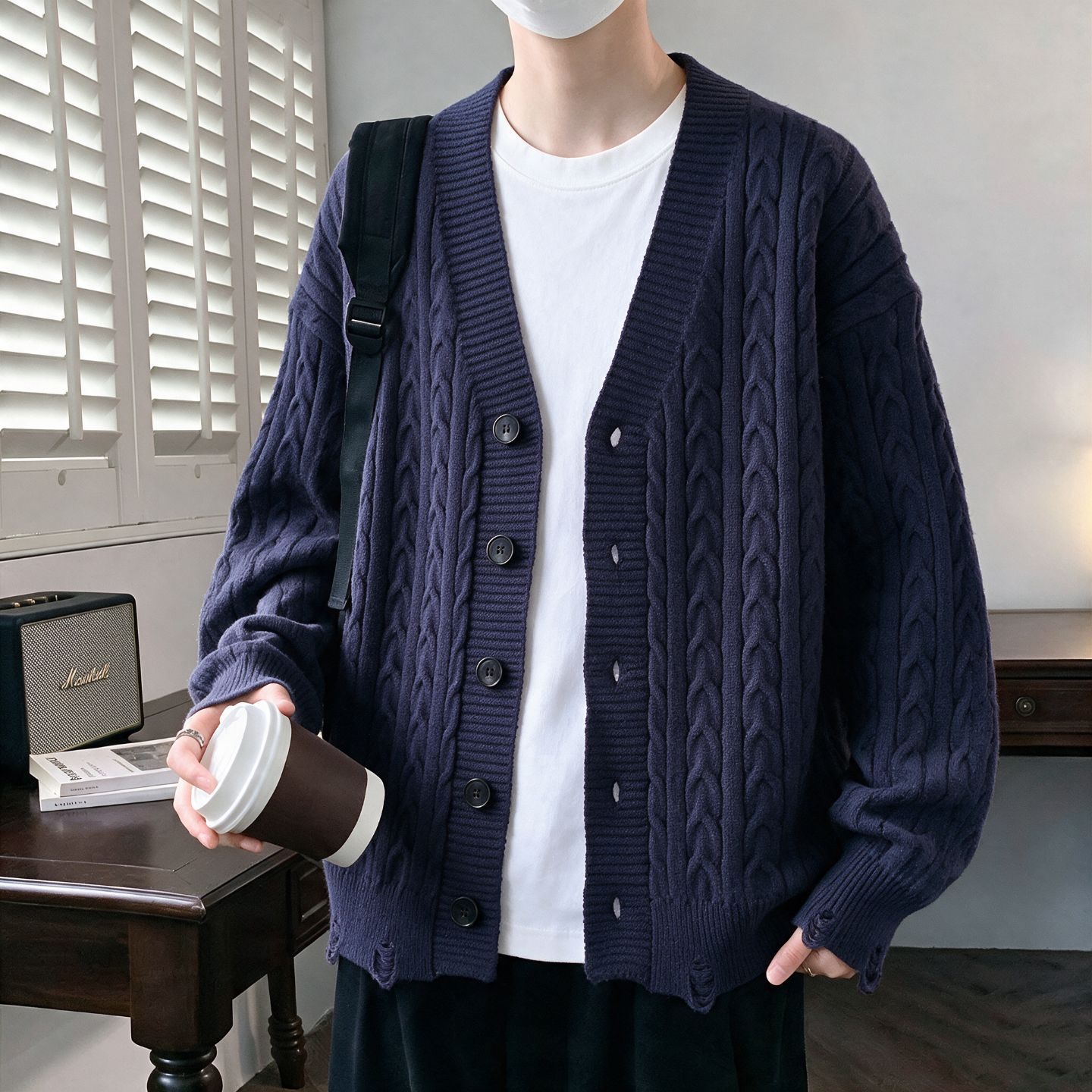 休闲慵懒风V领开衫毛衣男士针织衫潮流帅气外套上衣春秋线衣男装