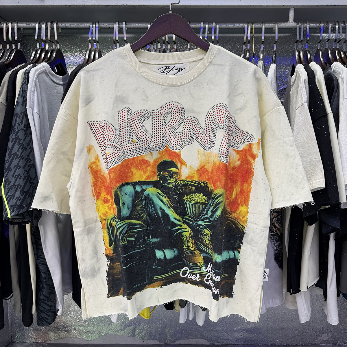 Transfronterizo nueva venta en caliente BKS camiseta de manga corta extraña esqueleto retro lavado de agua caliente perforación en caliente para hombres y mujeres de moda en stock lotes