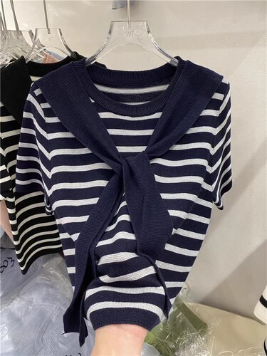 2976# Summer Loose Striped Chiffon Women's Short Sleeve Little Black Dress Inspired Design Felt Knit Top