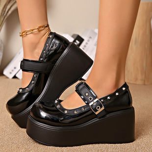 Versatile Round-Toe Thick-Soled Sweet and Cool Small Leather Shoes for Women 2025 New Export Large Size Rivet Wedge Cross-Border Mary Jane Shoes