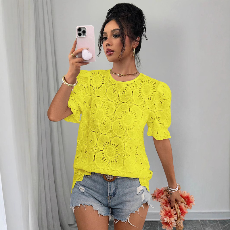Cross-Border European and American Women's Clothing Amazon 2026 Summer Hot-Selling Casual Hollow-Out Lace Puff Short-Sleeve Shirt Top