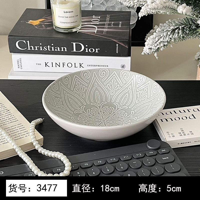 8英寸浅黄色釉下彩植物花卉图案北欧风格汤盘陶瓷餐具 8英寸汤B&|undefined