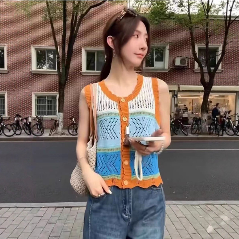 韩系撞色圆领花边体恤单排扣针织马甲夏季新款高级感无袖外搭背心|undefined