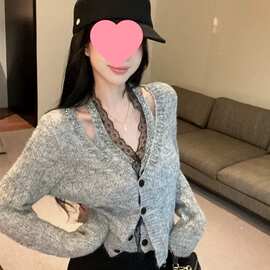 重工钉珠针织开衫女秋冬领挂脖上衣蕾丝内搭假两件毛衣外套