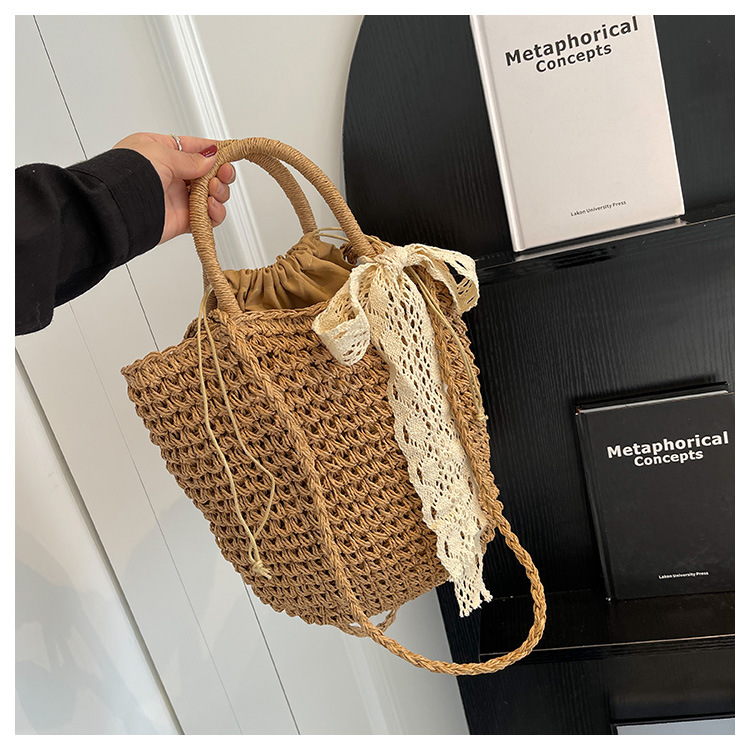 Women's Straw Shoulder Bag With Silk Scarf For Holiday Beach_voghion.com