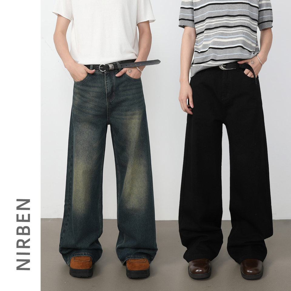 Quần jean nam dáng rộng ống suông phong cách retro, giặt mài, cạp vừa, dài quần — Quần jean đen, Xanh lam cũ, màu đen