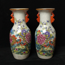 大清雍正粉彩开片锦堂富贵双耳瓶中式摆件文玩古董做旧仿古瓷收藏