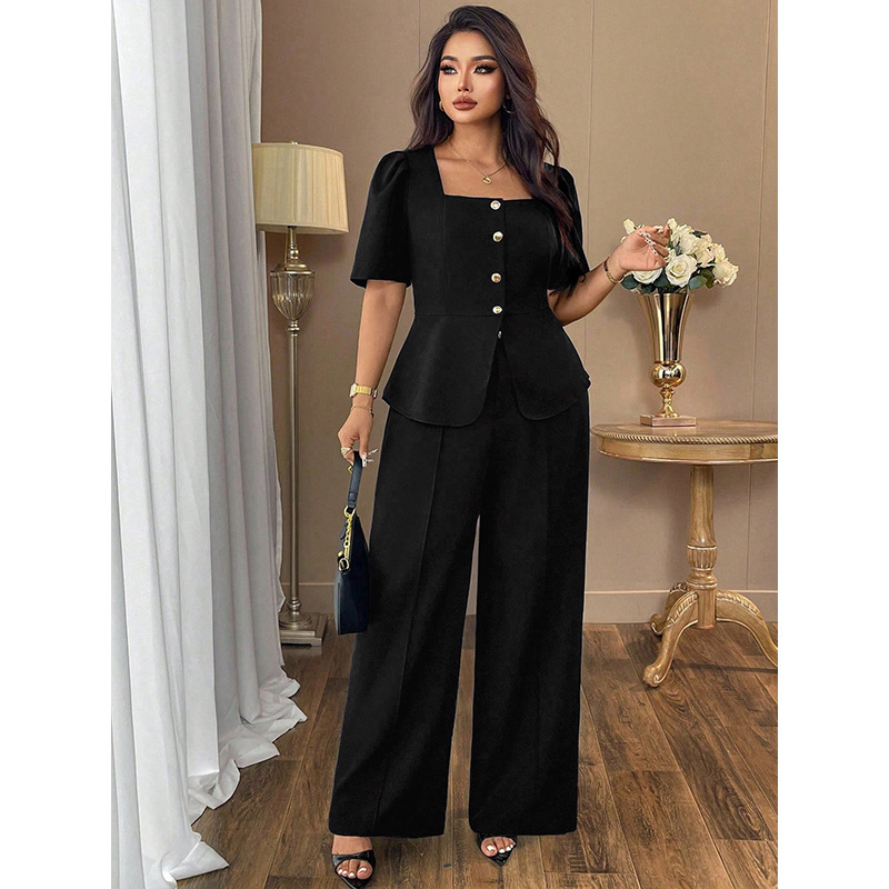 Cross-Border Plus-Size Women's Clothing Solid Color Square-Neck Waist-Cinching Top Straight-Leg Pants Set Puff Sleeve Top Drapey Wide-Leg Pants