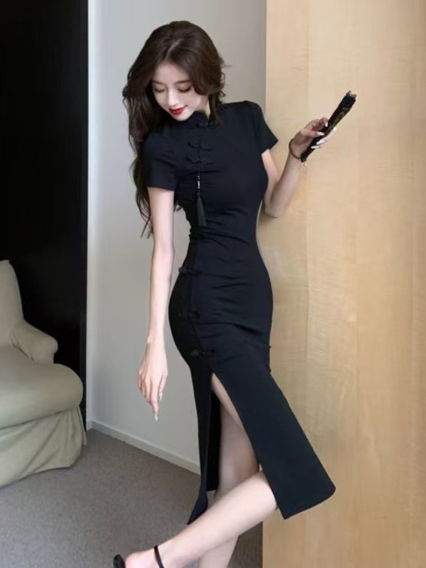 中国のレトロなボタン改良されたチャイナドレス女性のハイエンドブラックドレス夏のウエストスリットヒップスカート|undefined