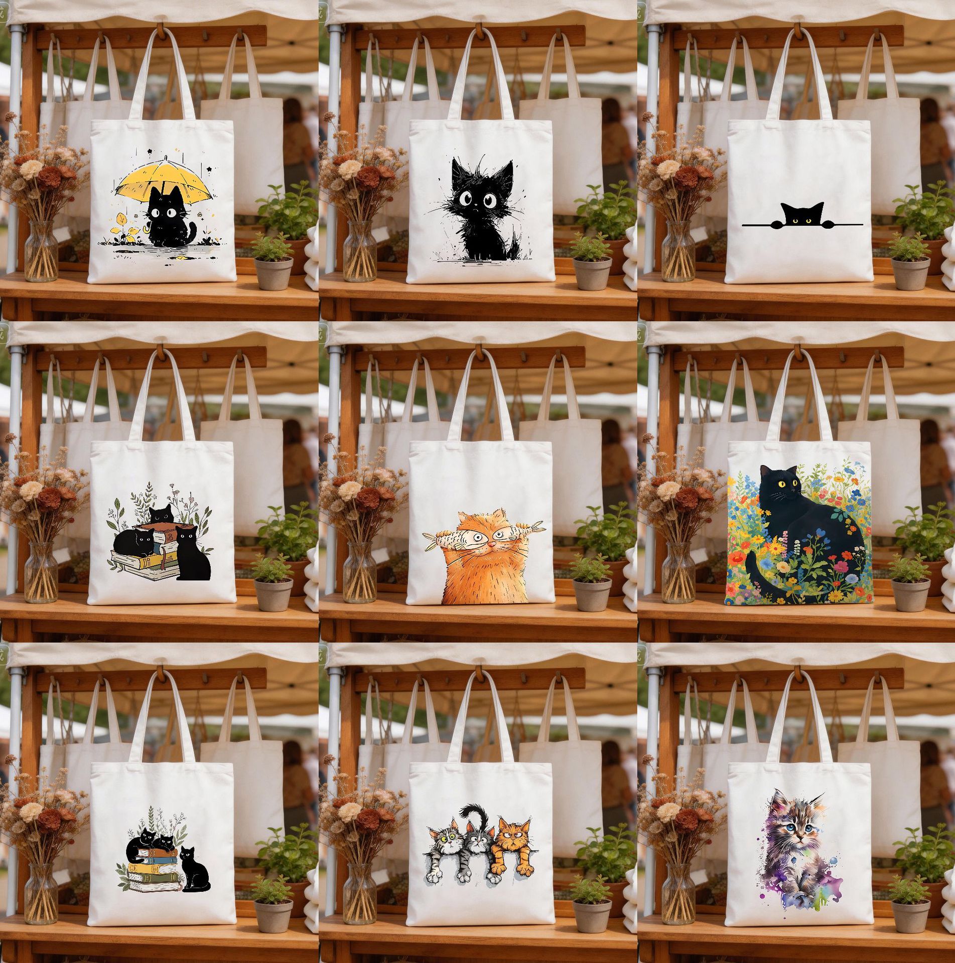 Cute gato impresa bolsa de lona para mujeres de gran capacidad estudiantes bolsa de hombro bolsa de lona al por mayor