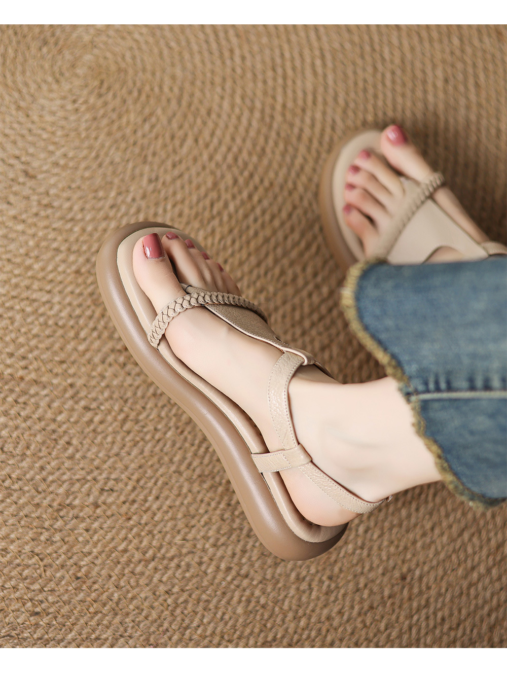 Sandal nữ quai chữ V đế bệt phong cách đi biển — màu trắng ngà chi tiết 11