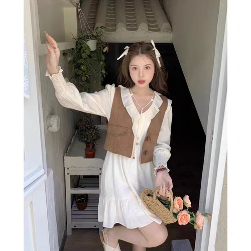 Vintage Hong Kong Style Casual Set Women's Layered Vest Top and Loose Long Sleeve Dress Two-Piece Set for Autumn