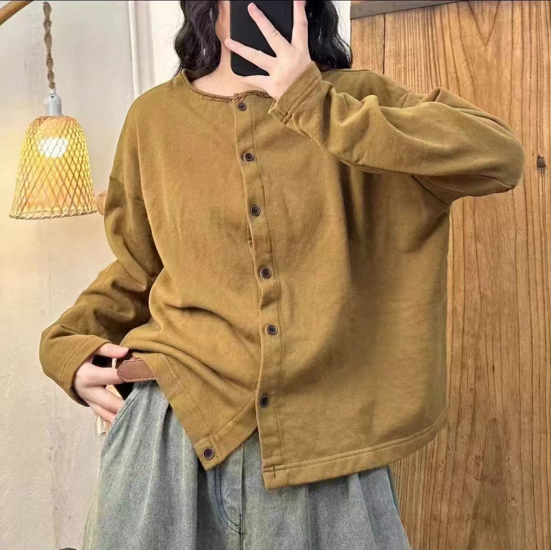 テリーコットン系のカーディガン女性の丸首カーディガン2025春の新型のゆったりしたカジュアルファッションのキャンディー色の上着