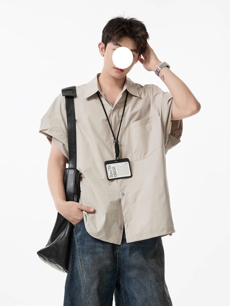 Khaki Tooling Shirt Short-sleeved Men's Summer American Simple Loose Lapel Shirt Drawstring Design Couple Inch Clothes Tide_viptrois.com