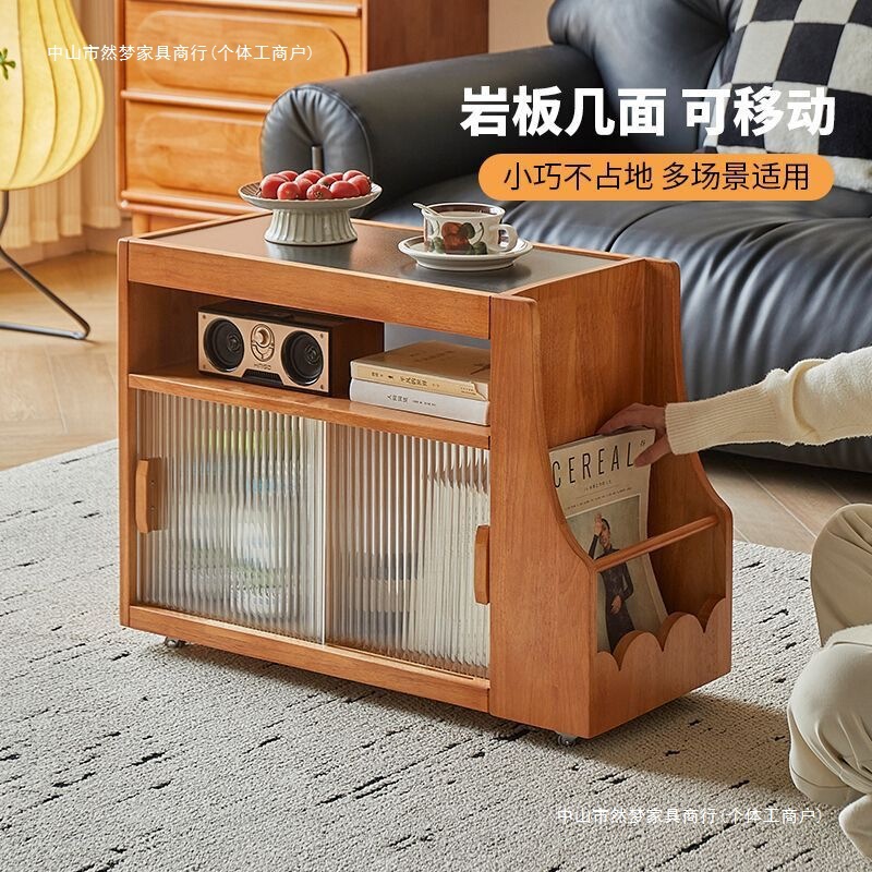实木边几带轮可移动沙发边柜法式复古客厅收纳置物柜岩板台面茶几|undefined