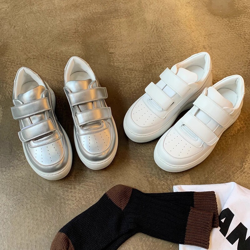 Grape Ma Style Thick-Soled Height-Increasing Velcro White Sneakers for Women, 2026 Autumn New Silver Casual Sports Board Shoes