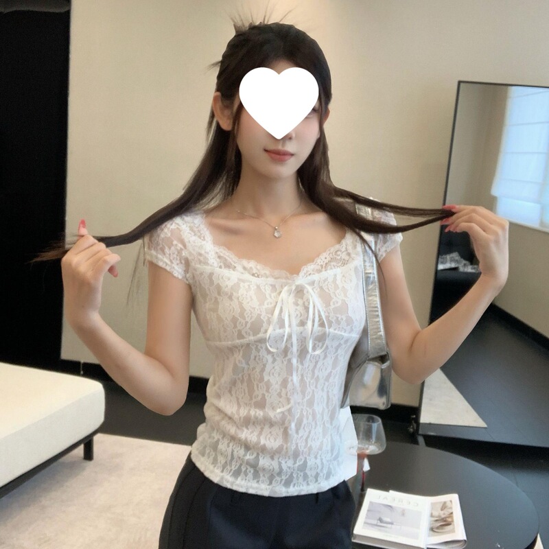 Pure Desire Lace Ribbon Short Sleeve Shirt for Women Summer Slightly Transparent Short Slim Fit Waist-Cinching Hot Girl Top 26071