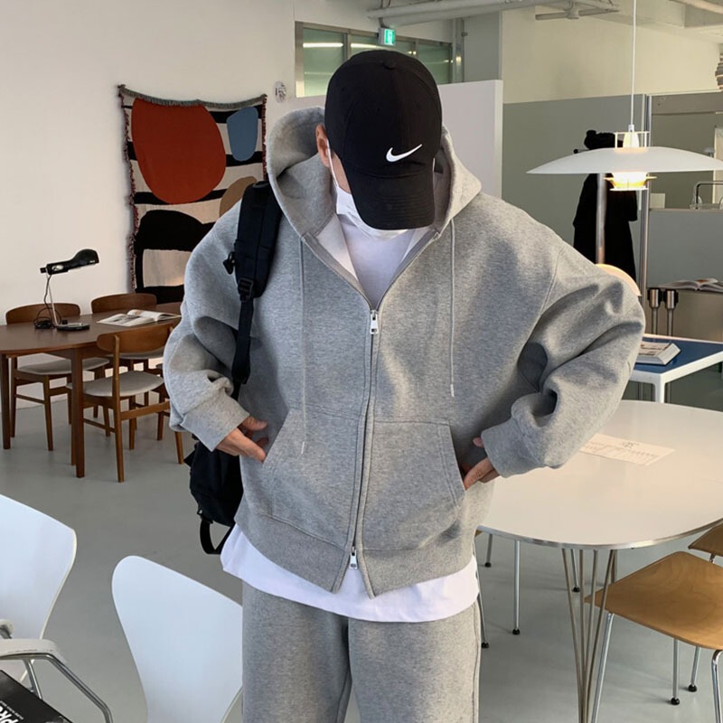 Grey Cardigan Hooded Sweater Men's Spring and Autumn American Fashion Brand Fashionable Loose All-match Solid Color Sports Zipper Jacket Grey Cardigan Hooded Sweater Men's Spring and Autumn American Fashion Brand Fashionable Loose All-match Solid Color Sports Zipper Jacket