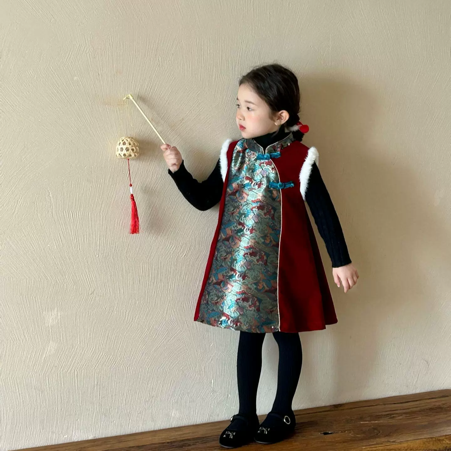 2024冬季新款童装 新中式童装 女童镶毛拼色旗袍 加绒旗袍裙 年服