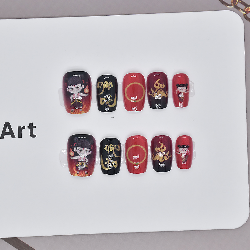 Caricatura rojo explosivo Nezha nuevos productos para usar uñas cortas productos terminados al por mayor estudiantes ojos de gato manicura infantil