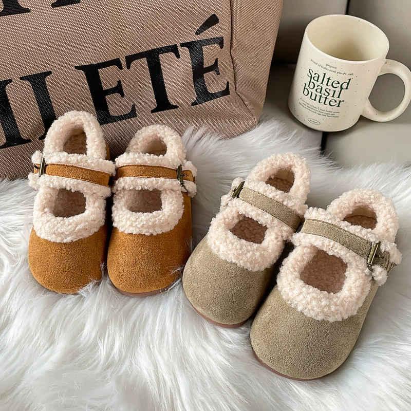 Детские меховые ботинки 2025 зима новая мода девочки ретро биркенштоки верхняя одежда на флисовой подкладке мягкая подошва теплые ботинки-бини