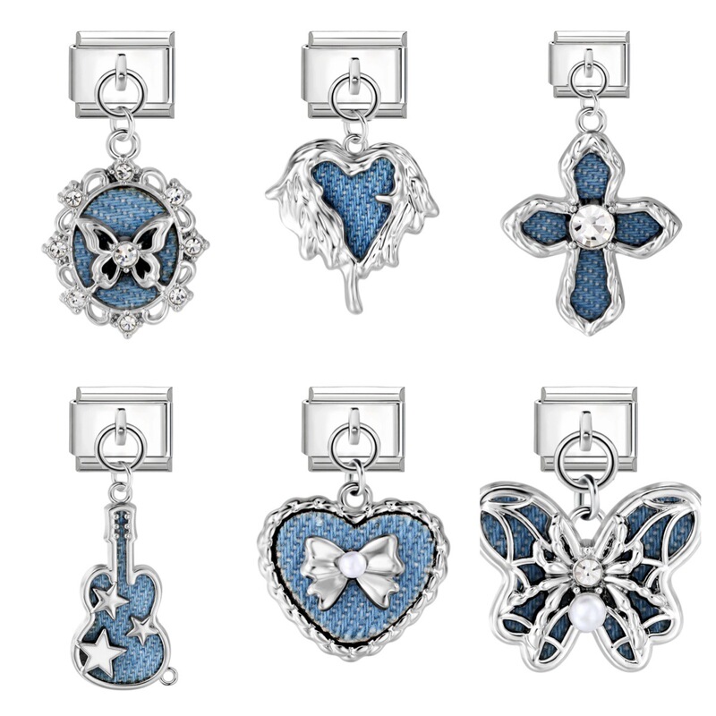 Blue guitar heart butterfly pendant Italian modular bracelet ins exquisite DIY elastic splicing niche accessory Blue guitar heart butterfly pendant Italian modular bracelet ins exquisite DIY elastic splicing niche accessory