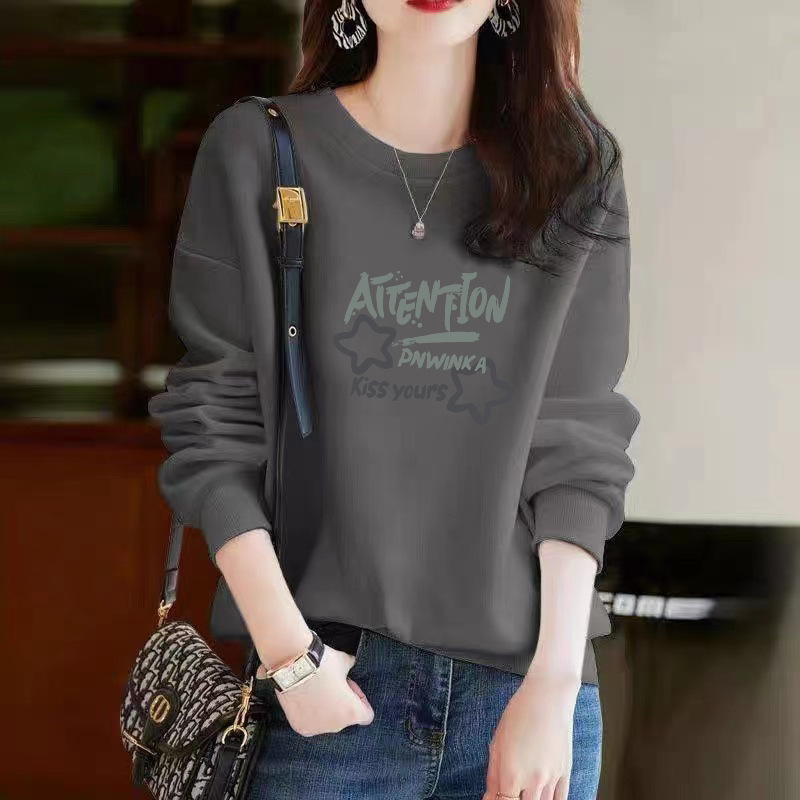 品牌出口外贸剪标纯棉时尚印花长袖卫衣女春秋款藏肉显瘦休闲上衣