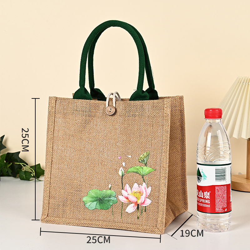 Bolsas de lino en stock, bolsas de compras de yute con botón, bolsas de lino con bordado de loto recubierto, personalizables.