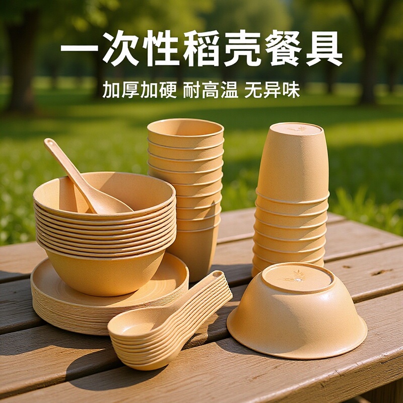 Disposable Rice Husk Bowl Large Saucer Plate Tea Cup Wine Cup Chopsticks Thickened High-end Household Hard Plastic Tableware suit