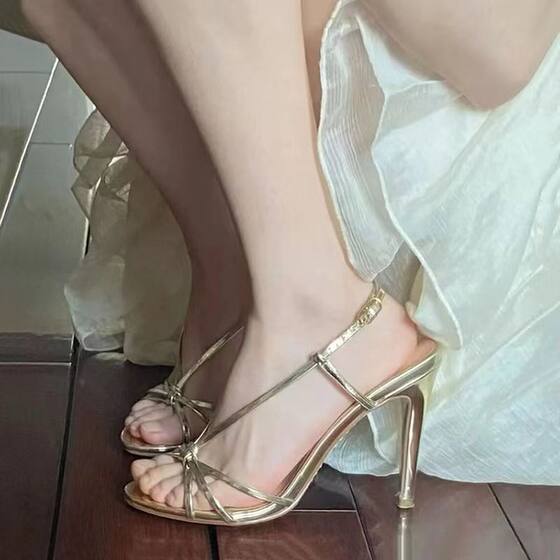 High Heels Women's Spring/Summer 2024 New Arrival Golden Stiletto All-Match One-Shed Open-Toe French Sandals