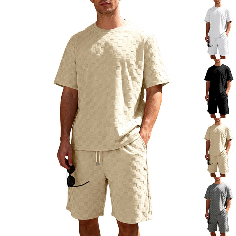 Muscle Doctor Men's Summer Jacquard Checkered Short Sleeve T-Shirt & Shorts Set, Loose Fit High Street Casual Outfit_viptrois.com