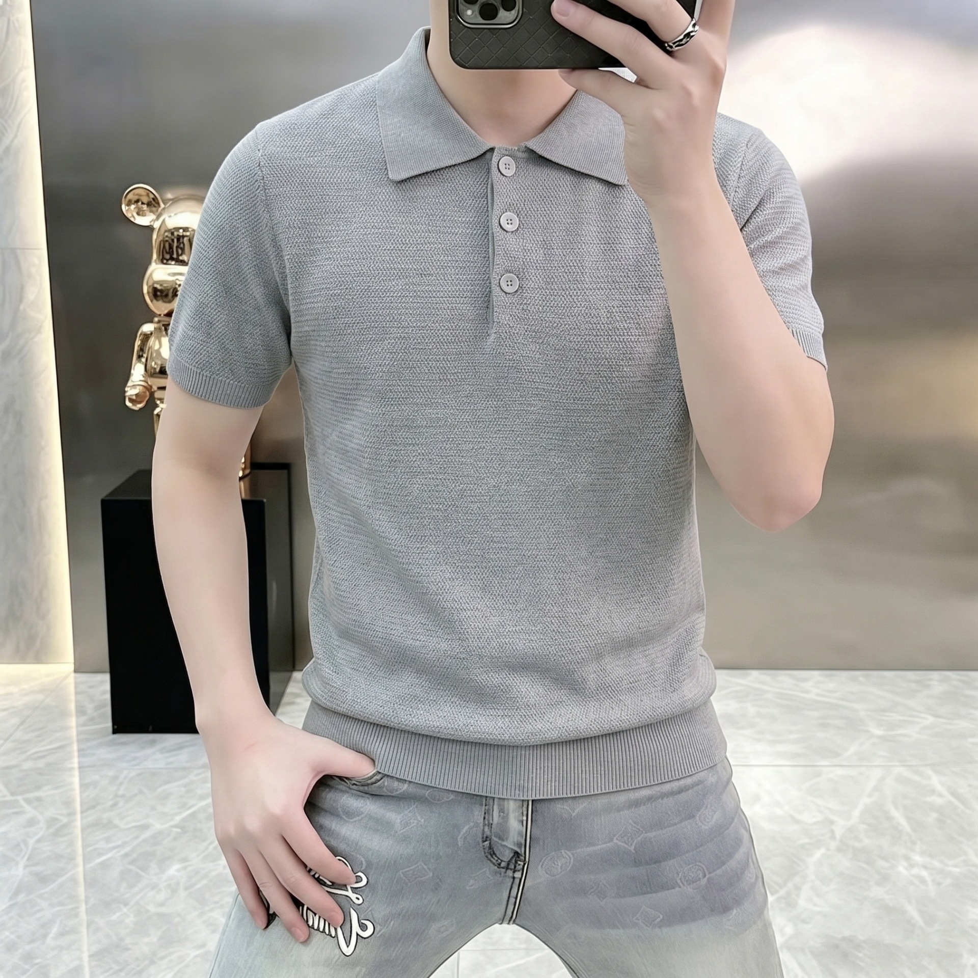Polo camiseta de punto camiseta de manga corta camiseta de hombre con solapa viejo estilo de negocios texturas de hielo verano fábrica transfronteriza al por mayor