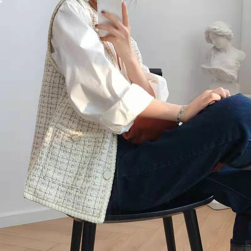 Small fragrant style vest jacket for women 2024 spring and autumn new Korean style foreign style contrasting color tweed V-neck sleeveless vest trendy