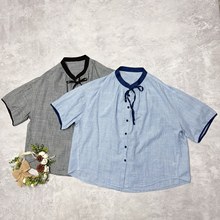 日系拼色领系带短袖衬衫夏季薄款休闲百搭文艺宽松全棉格子上衣女