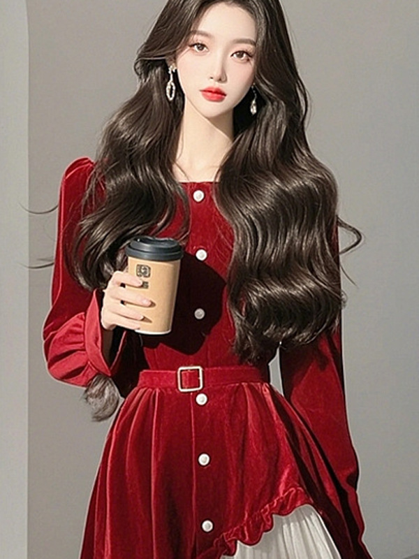 法式拼接红色丝绒连衣裙女2025早秋季女装假两件气质收腰长裙子|undefined