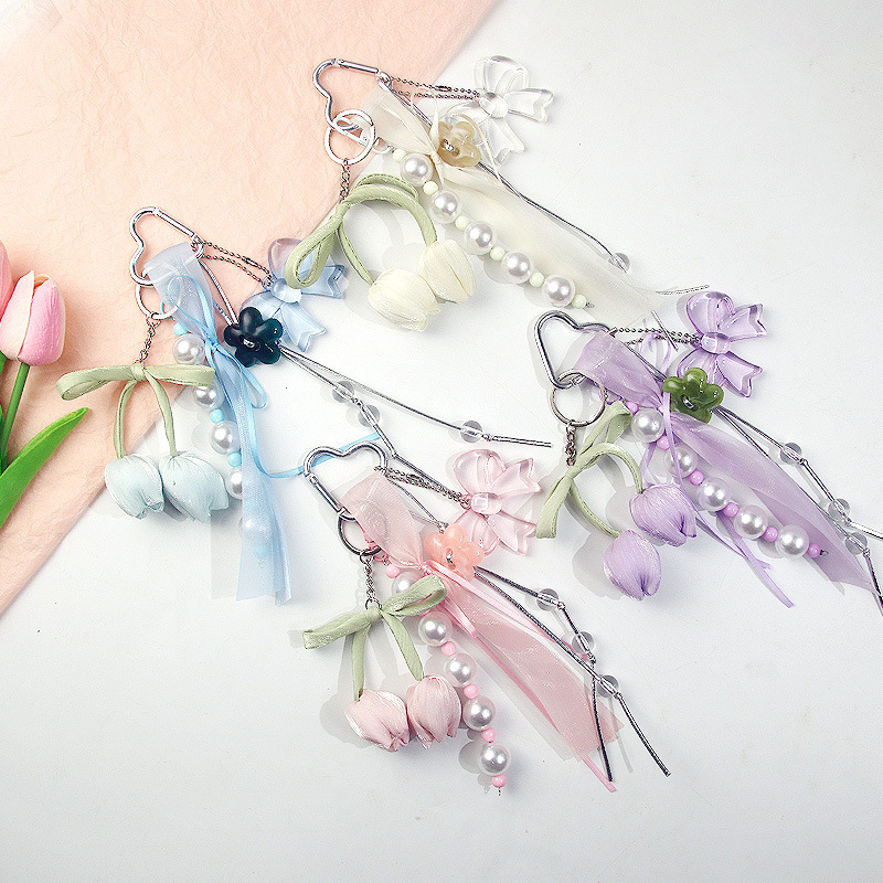New Tulip Transparent Bow Bag Pendant Ribbon Wrist Flower DIY Beaded Fresh Jewelry Keychain